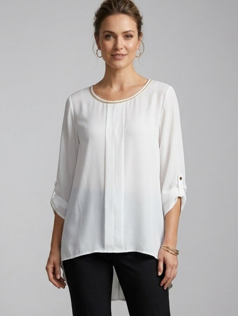 cleo White Round-Neck Pleated Blouse